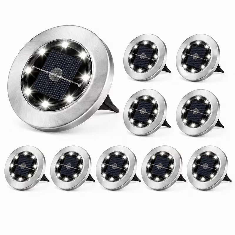 Solar Disk Ground Lights – Cool White, Stainless Steel, Waterproof (10 Pack)
