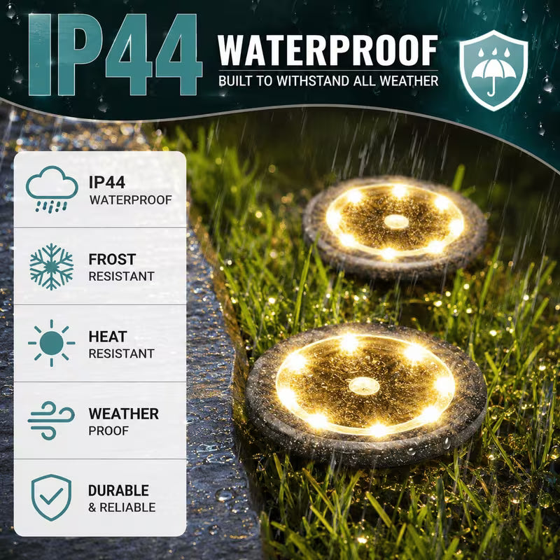 Solar Disk Ground Lights – Cool White, Stainless Steel, Waterproof (10 Pack)