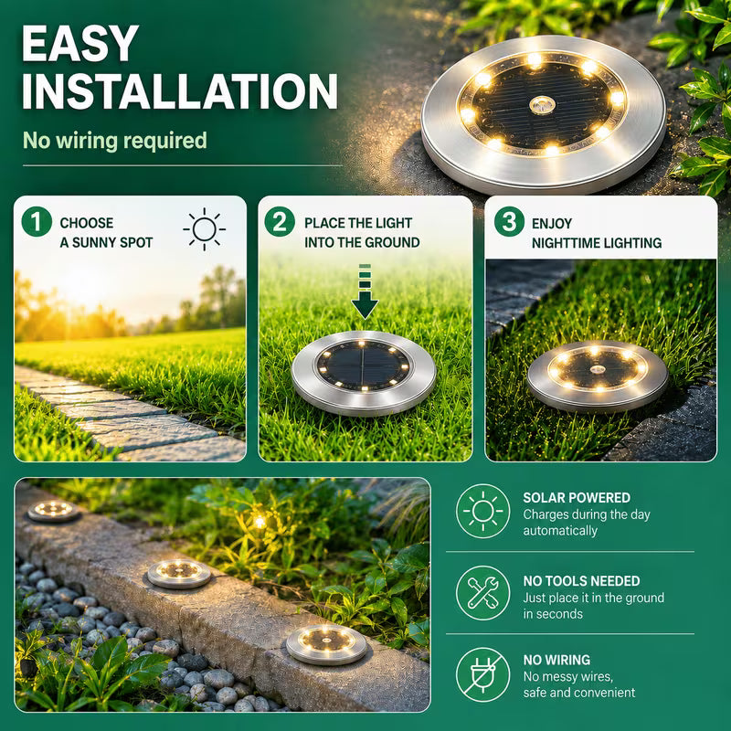 Solar Disk Ground Lights – Cool White, Stainless Steel, Waterproof (10 Pack)