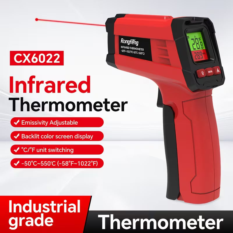 Red infrared laser thermometer gun with backlit display, -58°F to 1022°F