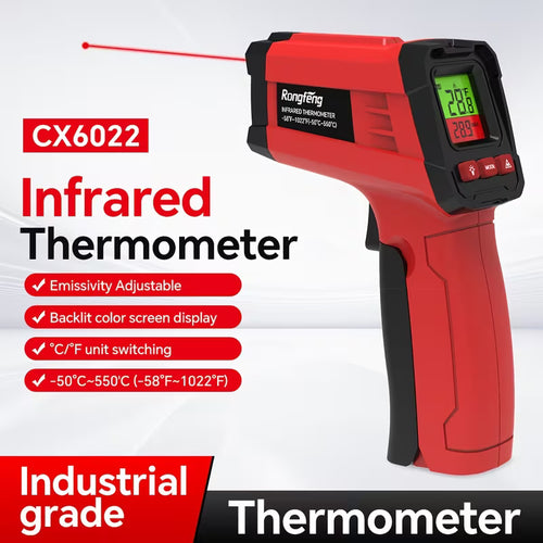 Red infrared laser thermometer gun with backlit display, -58°F to 1022°F