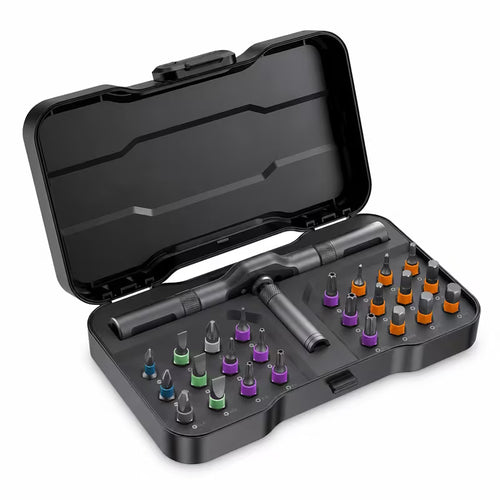24-piece ratchet screwdriver bit set in black carry case